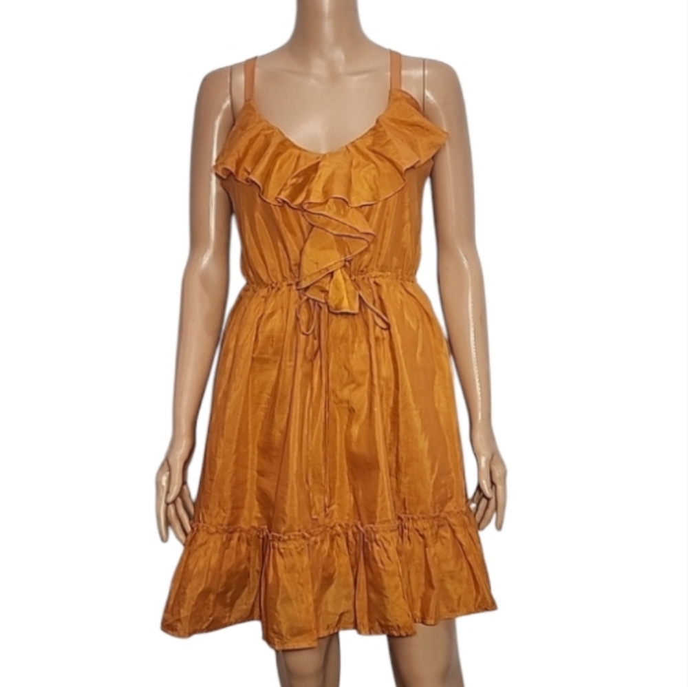 Naked Zebra Womens Size S‎ Dress Sleeveless Ruffle Brown/Orange Tie Waist Silk